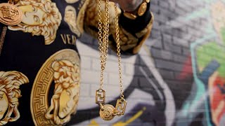 Franky Styles' Gianni Versace Vintage Double Sided Medusa Head Coin Chain With Grecca Key Accents