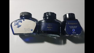 Fountain pen ink review - Pelikan 4001 Royal Blue, Parker QUINK Blue Black, Waterman Serenity Blue