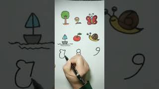 Number drawing for kids. How to draw pictures using english number 1 to 9.
