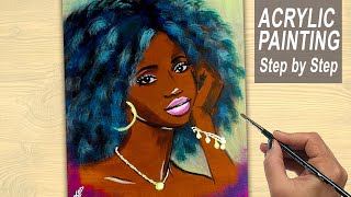 Blue Hair Afro Lady | Acrylic Painting for Beginners | Easy Painting Tutorial | Step by Step | VERED