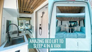 FAMILY VAN TOUR: amazing bed lift that sleeps 4 with a full bathroom | SPRINTER VAN CONVERSION
