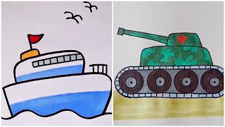 Colorful Drawings for Kids | Ship Drawing | Green Military Tank | Animals | Drawing Tutorials