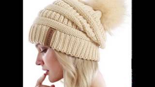 QUEENFUR Women Knit Slouchy Beanie Chunky Baggy Hat with Faux Fur Pompom Winter Soft Warm Ski Cap