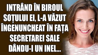 Intrând în biroul soțului ei, l-a văzut îngenuncheat în fața secretarei sale, dându-i un inel...