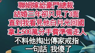 聯姻嫁給豪門總裁，結婚三年卻只見了3面，直到我看見他白月光回國，拿上500萬分手費準備走人，不料他竟帶著億萬家產追來了，一句話我當場傻眼【顧亞男】【高光女主】【爽文】【情感】