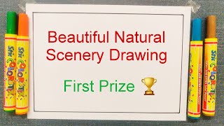 Beautiful Natural scenery drawing | Simple natural scenery drawing | Landscape drawing for beginners