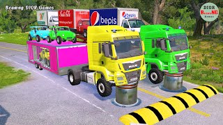 Double Flatbed Trailer Truck vs speed bumps|Busses vs speed bumps|Beamng Drive|1011