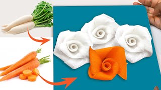 White Radish Rose Flower Sitting On Eggplant & Cucumber Carving Garnish / Salad Decoration Ideas