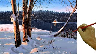 Acrylic Landscape Painting Tutorial / Winter on House Near the River with Birch Trees