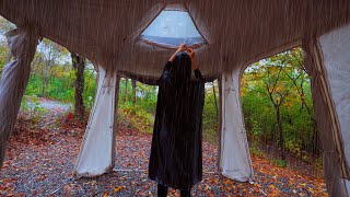 Solo rain camping☔️ Setting up a big shelter in the rain. Cozy with a warm stove and air mattress.