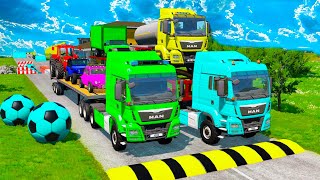 Double Flatbed Trailer Truck vs Speedbumps Train vs Cars | Tractor vs Train Beamng.Drive #10