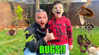 Caleb Goes BUG HUNTING OUTSIDE with DAD! Learn about Bugs and INSECT Facts for kids!