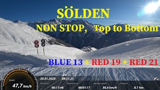 Sölden Skifahren Skiing, Top to Bottom, NON-STOP, Blue 13 + Red 19 + Red 21, Giggijoch, Зельден