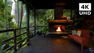 Cozy porch in the rainforest | Soothing sound of rain, waterfall and crackling fire | 8 Hours | 4K