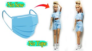 DIY👗 No Sew Doll Dress From Mask 😷| Barbie Hacks and Crafts | Waste Disposable Mask Dress😷