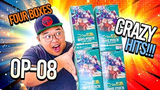 SO MANY HITS! Opening four boxes of Japanese, OP-08 One Piece TCG booster boxes, Two Legends.