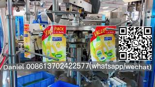 How to packing the sanitizer laundry liquid into bag by premade bag packing machine