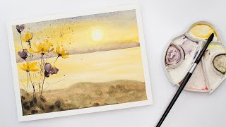 Loose watercolor - sunset painting with wild flowers - for beginners