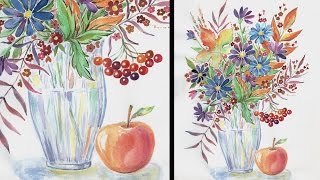 Autumn Bouquet of Leaves and Flowers with Apple | Watercolor Painting | IOTN