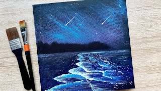 Glittering Night Beach / Easy Acrylic Painting / step by step / Daily Challenge #91