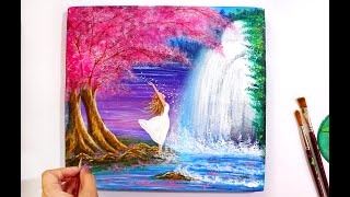 A Girl near a Waterfall Painting / Step by Step tutorial for beginners using Acrylic Colours