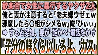 【スカッと】歓楽街で嫌がる女性に暴行するヤクザ2人。俺と妻が注意すると「老夫婦ウゼェw邪魔したら俺ら〇組がシメるw」俺「ひぃぃ」→すると突如、妻が”誰かへ”電話をかけ「子分の躾くらいしろよ、カス