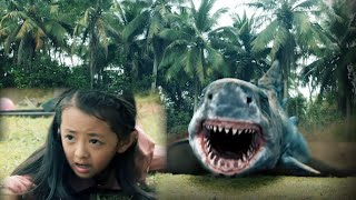 The little girl was swinging when the mutant giant shark suddenly appeared behind her!