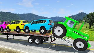 Double Flatbed Trailer Truck vs Speedbumps Train vs Cars | Tractor vs Train Beamng.Drive