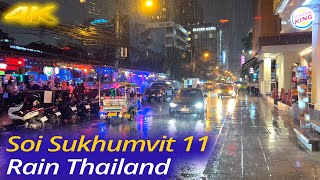 4K HDR 🇹🇭Walking in the Rain on Soi Sukhumvit 11 Road Bangkok | Rainy Night in Thailand