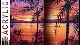 Tropical sunset. How to paint landscape 🎨ACRYLIC tutorial DEMO