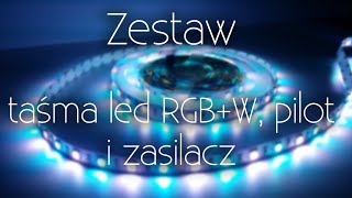 Zestaw taśma ledowa RGB+W, pilot na podczerwień i zasilacz.