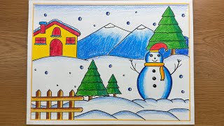 Very Easy Winter Season Snow man Drawing/How To Draw Winter Season Poster Drawing/Winter drawing