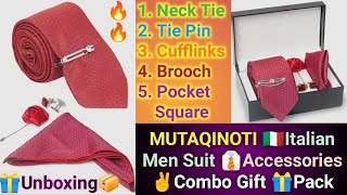 👌MUTAQINOTI Mens Italian Silk 👔 Necktie Set With Pocket Square Cufflinks 🌹Brooch Tie Pin #unboxing