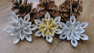 Kanzashi Gold Christmas Star or Silver Snowflake / DIY / Xmas ornament/ Handmade