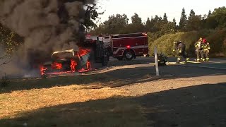 Raw: Vehicle Catches Fire On I-80 In Davis