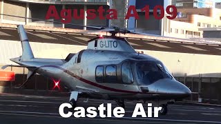 Castle Air Agusta A109 helicopter landing, engine start and takeoff at London Heliport