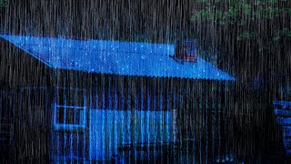 夜の森のヤシの屋根に大雨と雷の音がする古代の村ですぐに眠る