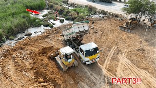 Heavy equipment operator!! Duo Bulldozer D31P Push Soil into Mud With Dump Truck 5 Ton \u0026 20 Ton