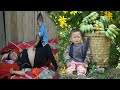 Harvesting giant green bananas to sell at the market - bathing the baby | Daily life