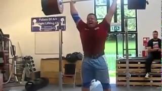 Koklyaev demonstrates 595 lb 270 kg barbell jerk from his back