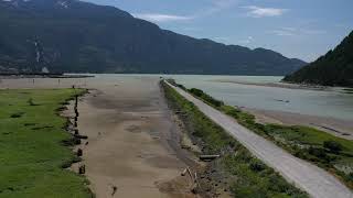 Squamish Estuary Training Berm drone video at low tide at yellow gate #2