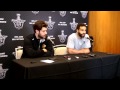 brent seabrook and johnny oduya talk before thursday s game 4.