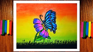 Easy Butterfly Scenery Drawing with Soft Pastel/How to draw easy scenery