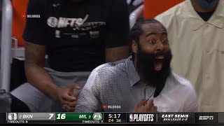 James Harden on the bench screaming about defense 😀 Bucks vs Nets Game 3