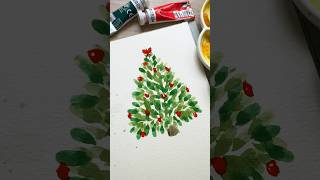 How to paint a simple watercolor Christmas tree with red ornaments