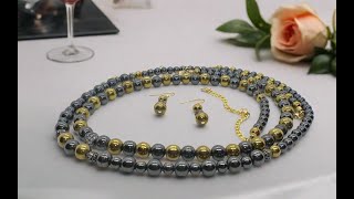 Gorgeous Gold \u0026 Black Hematite Two-Strand Beaded Necklace Set handcrafted by Artistry Jewelry