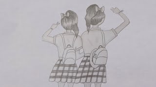 رسم صديقتان بالزي المدرسي