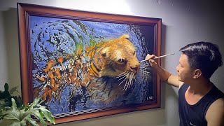 Impressive 3D Tiger in Water -Stunning Acrylic Painting ProcessWorth Watching!