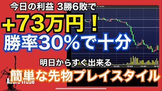 今日の先物利益+73万。3勝6敗なのになぜ利益なのか。勝率3割で勝てる手法。誰でもすぐ出来るサポートレジスタンスプレイからのブレイクプレイ。日経平均先物取引、日経225オプション取引、日経225先物