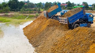 Good work by Bulldozer and Dump Truck pouring and pushing soil in the project